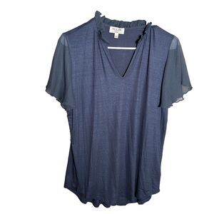 Kim & Cami Blouse Women's Medium Navy V-Neck Sheer Ruffle Sleeve Top Casual